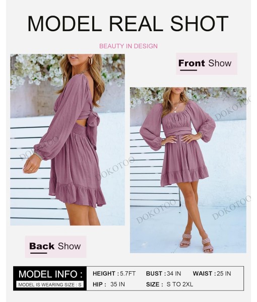 Dokotoo Womens Dress Long Lantern Sleeve Square Neck Tie Backless Sexy Dress Ruffle Elastic Waist A-Line Mini Dress