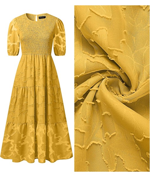 ZESICA Women's 2025 Summer Short Puff Sleeve Crewneck Smocked Floral Lace Flowy A Line Tiered Maxi Dresses
