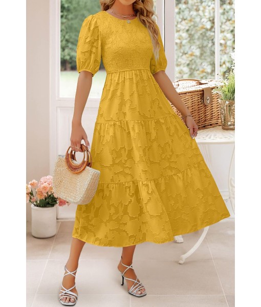 ZESICA Women's 2025 Summer Short Puff Sleeve Crewneck Smocked Floral Lace Flowy A Line Tiered Maxi Dresses