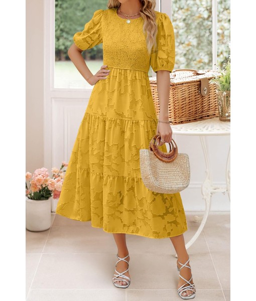 ZESICA Women's 2025 Summer Short Puff Sleeve Crewneck Smocked Floral Lace Flowy A Line Tiered Maxi Dresses