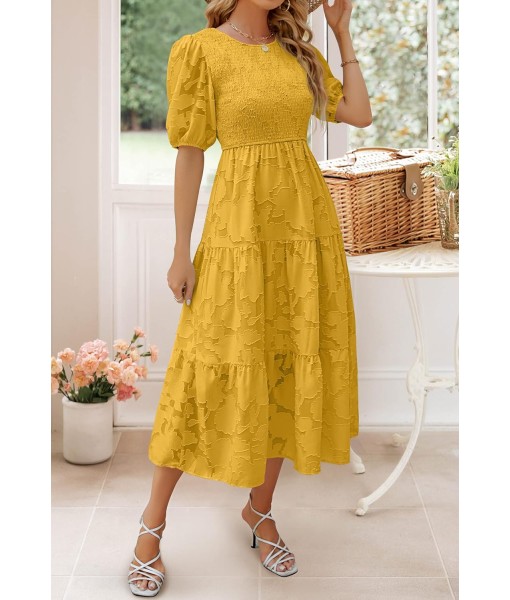ZESICA Women's 2025 Summer Short Puff Sleeve Crewneck Smocked Floral Lace Flowy A Line Tiered Maxi Dresses
