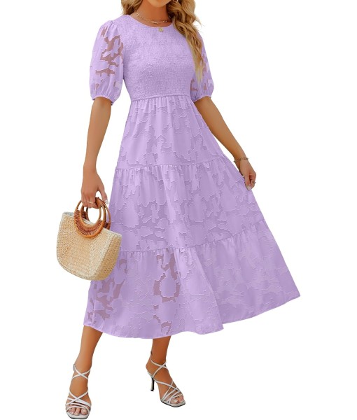 ZESICA Women's 2025 Summer Short Puff Sleeve Crewneck Smocked Floral Lace Flowy A Line Tiered Maxi Dresses