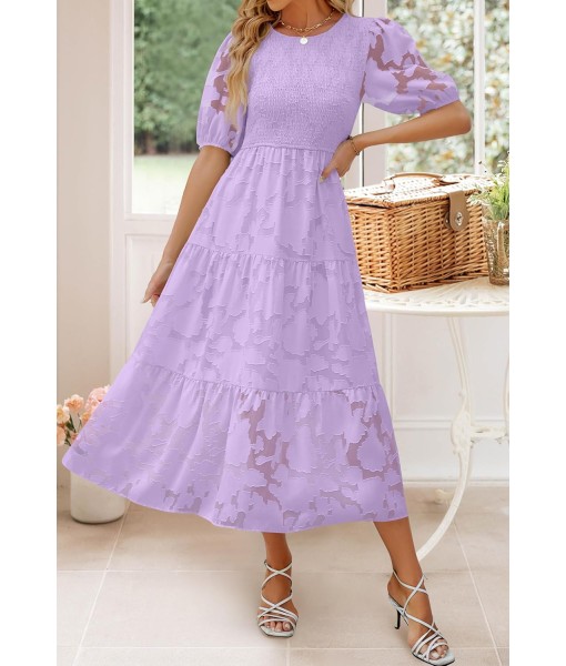 ZESICA Women's 2025 Summer Short Puff Sleeve Crewneck Smocked Floral Lace Flowy A Line Tiered Maxi Dresses