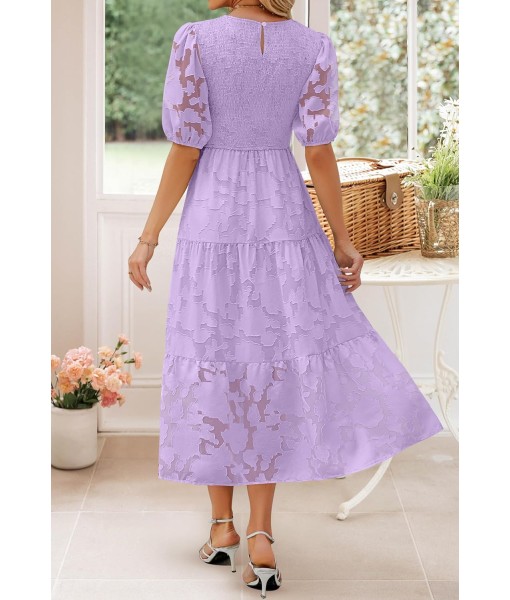 ZESICA Women's 2025 Summer Short Puff Sleeve Crewneck Smocked Floral Lace Flowy A Line Tiered Maxi Dresses