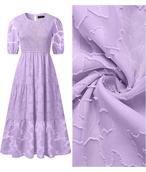ZESICA Women's 2025 Summer Short Puff Sleeve Crewneck Smocked Floral Lace Flowy A Line Tiered Maxi Dresses