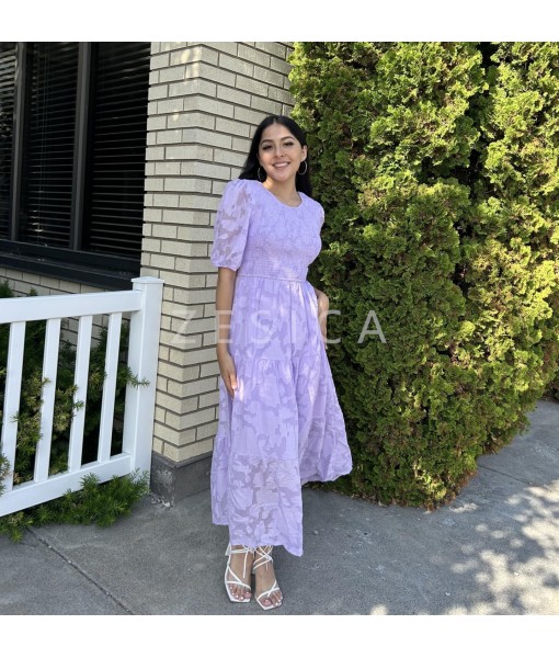 ZESICA Women's 2025 Summer Short Puff Sleeve Crewneck Smocked Floral Lace Flowy A Line Tiered Maxi Dresses