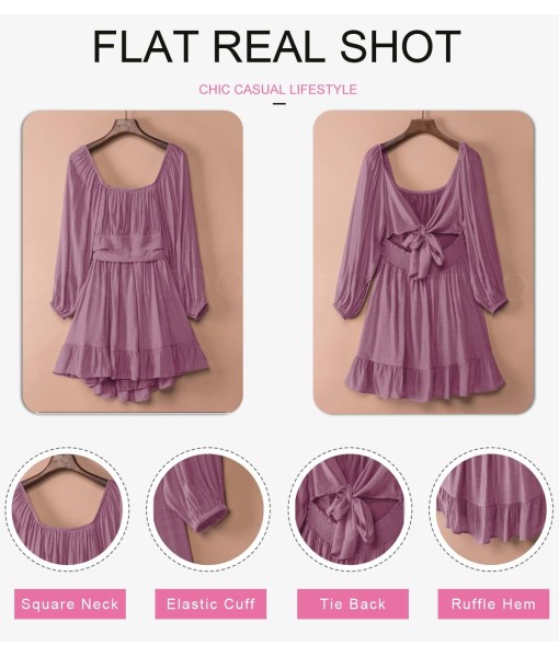 Dokotoo Womens Dress Long Lantern Sleeve Square Neck Tie Backless Sexy Dress Ruffle Elastic Waist A-Line Mini Dress