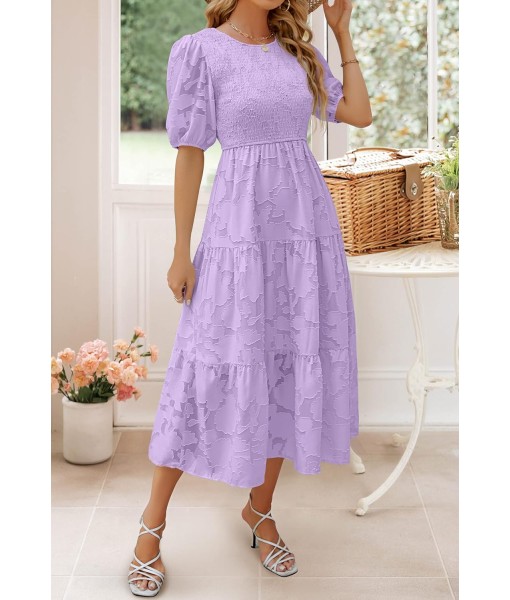 ZESICA Women's 2025 Summer Short Puff Sleeve Crewneck Smocked Floral Lace Flowy A Line Tiered Maxi Dresses