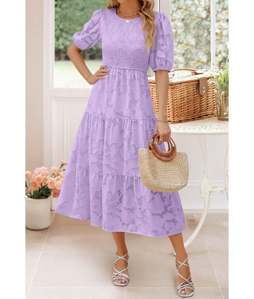 ZESICA Women's 2025 Summer Short Puff Sleeve Crewneck Smocked Floral Lace Flowy A Line Tiered Maxi Dresses