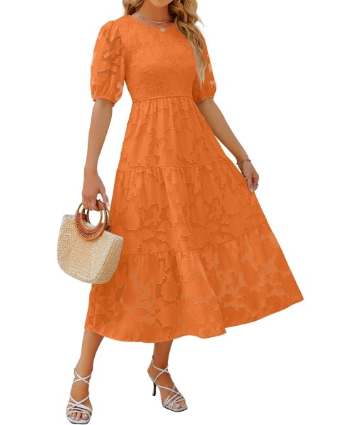 ZESICA Women's 2025 Summer Short Puff Sleeve Crewneck Smocked Floral Lace Flowy A Line Tiered Maxi Dresses