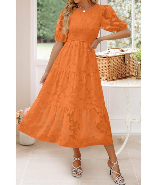 ZESICA Women's 2025 Summer Short Puff Sleeve Crewneck Smocked Floral Lace Flowy A Line Tiered Maxi Dresses