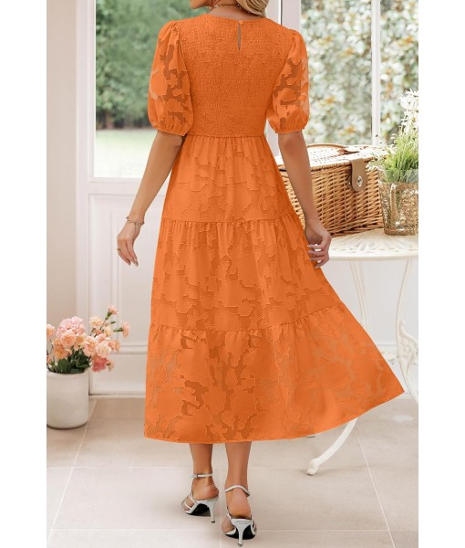 ZESICA Women's 2025 Summer Short Puff Sleeve Crewneck Smocked Floral Lace Flowy A Line Tiered Maxi Dresses