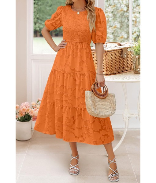 ZESICA Women's 2025 Summer Short Puff Sleeve Crewneck Smocked Floral Lace Flowy A Line Tiered Maxi Dresses