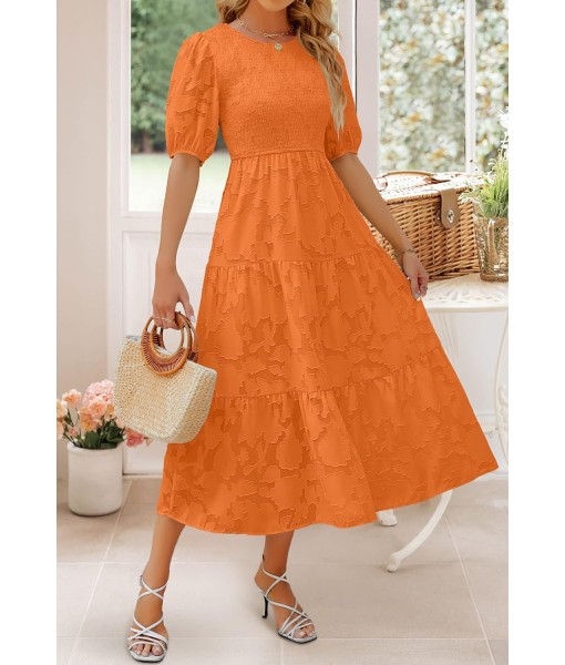 ZESICA Women's 2025 Summer Short Puff Sleeve Crewneck Smocked Floral Lace Flowy A Line Tiered Maxi Dresses