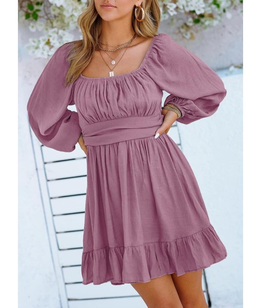 Dokotoo Womens Dress Long Lantern Sleeve Square Neck Tie Backless Sexy Dress Ruffle Elastic Waist A-Line Mini Dress