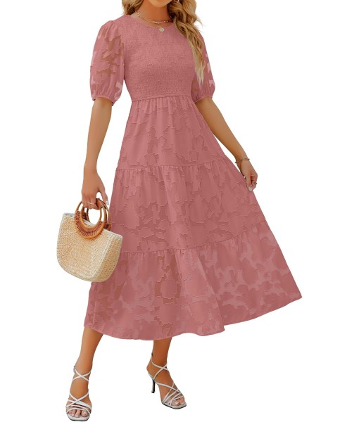 ZESICA Women's 2025 Summer Short Puff Sleeve Crewneck Smocked Floral Lace Flowy A Line Tiered Maxi Dresses