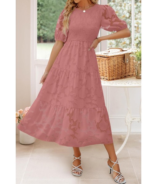 ZESICA Women's 2025 Summer Short Puff Sleeve Crewneck Smocked Floral Lace Flowy A Line Tiered Maxi Dresses