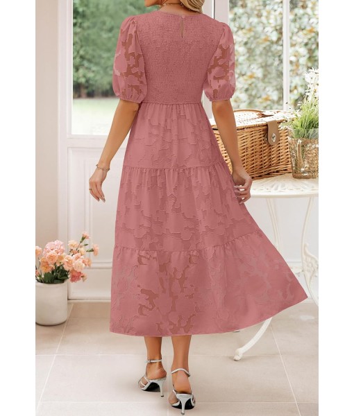 ZESICA Women's 2025 Summer Short Puff Sleeve Crewneck Smocked Floral Lace Flowy A Line Tiered Maxi Dresses