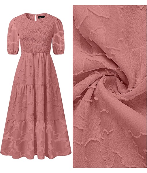 ZESICA Women's 2025 Summer Short Puff Sleeve Crewneck Smocked Floral Lace Flowy A Line Tiered Maxi Dresses