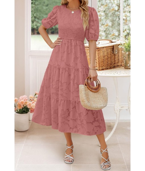 ZESICA Women's 2025 Summer Short Puff Sleeve Crewneck Smocked Floral Lace Flowy A Line Tiered Maxi Dresses