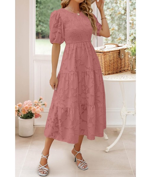 ZESICA Women's 2025 Summer Short Puff Sleeve Crewneck Smocked Floral Lace Flowy A Line Tiered Maxi Dresses