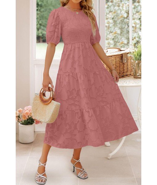 ZESICA Women's 2025 Summer Short Puff Sleeve Crewneck Smocked Floral Lace Flowy A Line Tiered Maxi Dresses