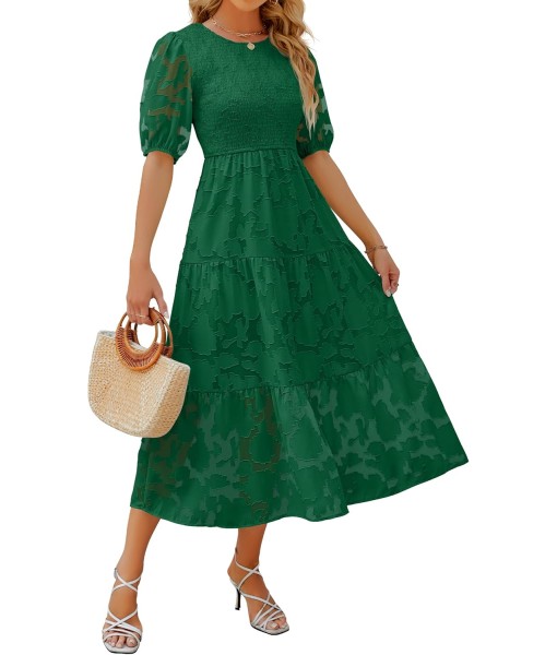 ZESICA Women's 2025 Summer Short Puff Sleeve Crewneck Smocked Floral Lace Flowy A Line Tiered Maxi Dresses