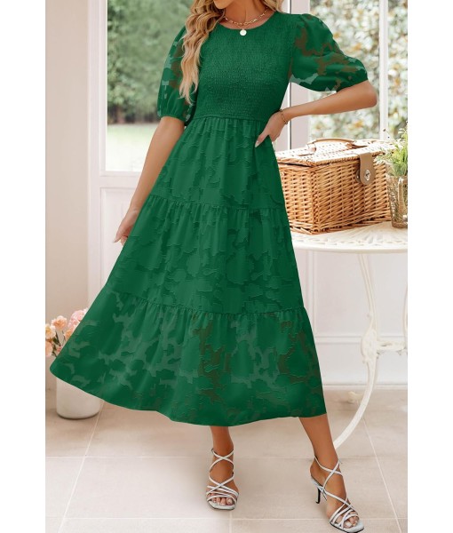 ZESICA Women's 2025 Summer Short Puff Sleeve Crewneck Smocked Floral Lace Flowy A Line Tiered Maxi Dresses