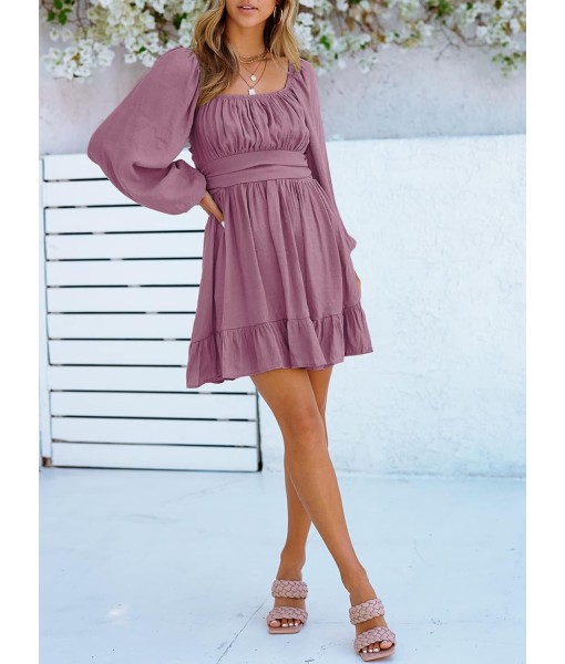 Dokotoo Womens Dress Long Lantern Sleeve Square Neck Tie Backless Sexy Dress Ruffle Elastic Waist A-Line Mini Dress