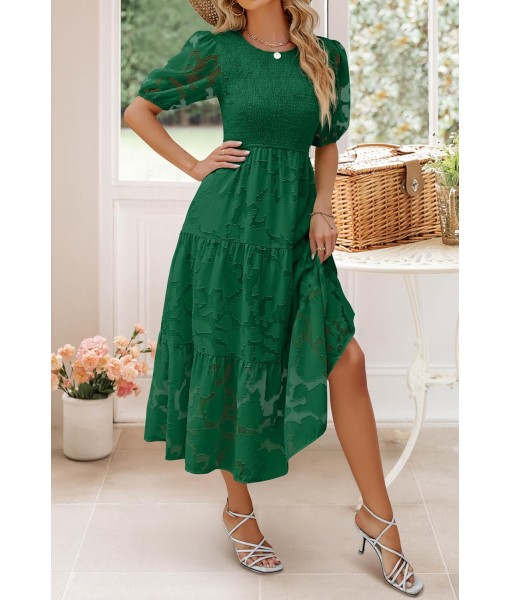 ZESICA Women's 2025 Summer Short Puff Sleeve Crewneck Smocked Floral Lace Flowy A Line Tiered Maxi Dresses