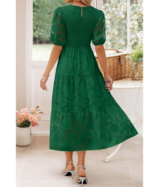 ZESICA Women's 2025 Summer Short Puff Sleeve Crewneck Smocked Floral Lace Flowy A Line Tiered Maxi Dresses