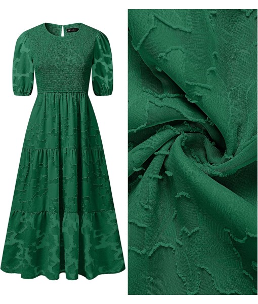 ZESICA Women's 2025 Summer Short Puff Sleeve Crewneck Smocked Floral Lace Flowy A Line Tiered Maxi Dresses