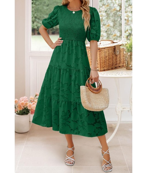 ZESICA Women's 2025 Summer Short Puff Sleeve Crewneck Smocked Floral Lace Flowy A Line Tiered Maxi Dresses
