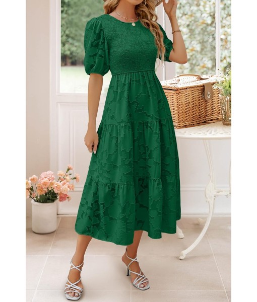 ZESICA Women's 2025 Summer Short Puff Sleeve Crewneck Smocked Floral Lace Flowy A Line Tiered Maxi Dresses