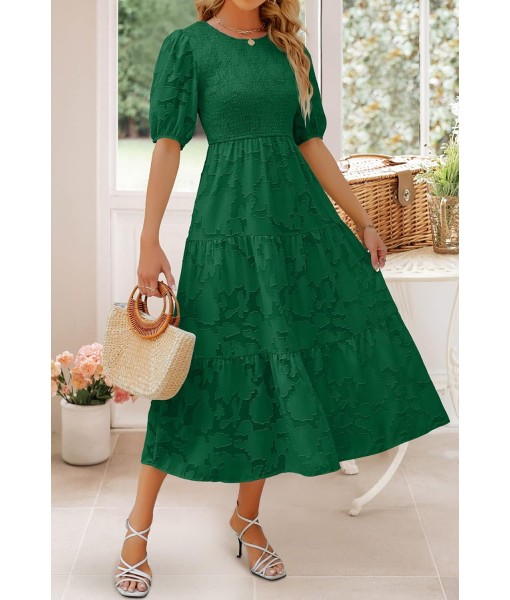 ZESICA Women's 2025 Summer Short Puff Sleeve Crewneck Smocked Floral Lace Flowy A Line Tiered Maxi Dresses