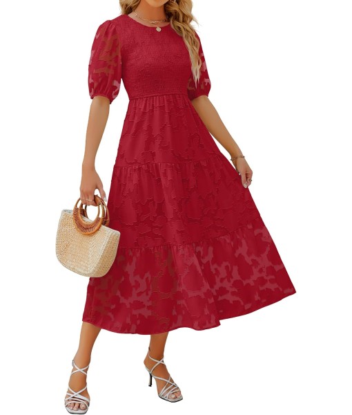ZESICA Women's 2025 Summer Short Puff Sleeve Crewneck Smocked Floral Lace Flowy A Line Tiered Maxi Dresses