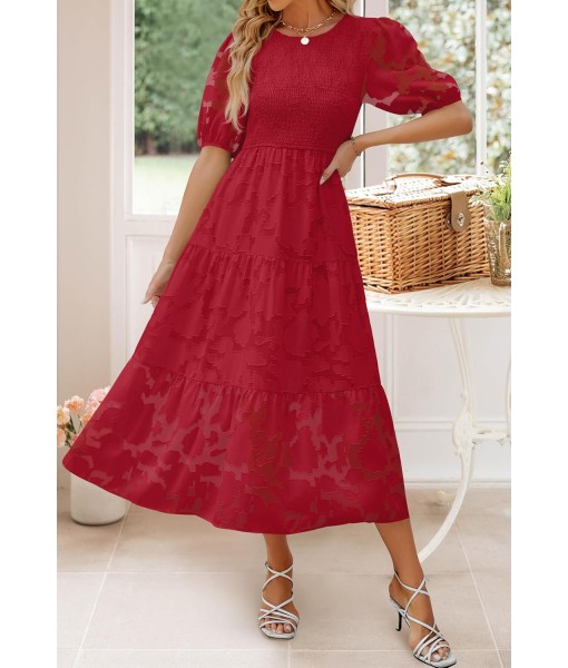 ZESICA Women's 2025 Summer Short Puff Sleeve Crewneck Smocked Floral Lace Flowy A Line Tiered Maxi Dresses