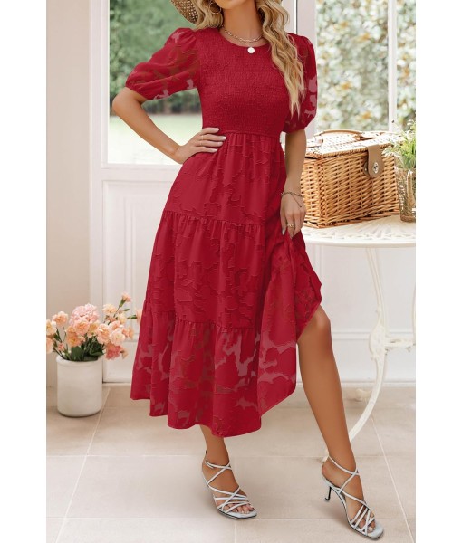 ZESICA Women's 2025 Summer Short Puff Sleeve Crewneck Smocked Floral Lace Flowy A Line Tiered Maxi Dresses