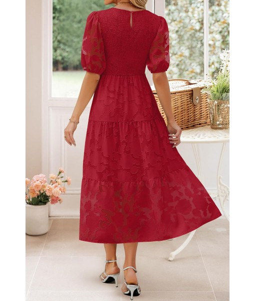 ZESICA Women's 2025 Summer Short Puff Sleeve Crewneck Smocked Floral Lace Flowy A Line Tiered Maxi Dresses