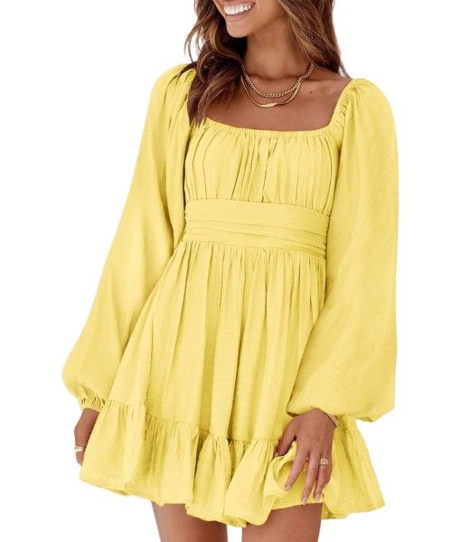 Dokotoo Womens Dress Long Lantern Sleeve Square Neck Tie Backless Sexy Dress Ruffle Elastic Waist A-Line Mini Dress