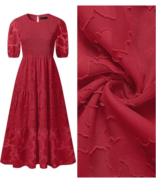 ZESICA Women's 2025 Summer Short Puff Sleeve Crewneck Smocked Floral Lace Flowy A Line Tiered Maxi Dresses