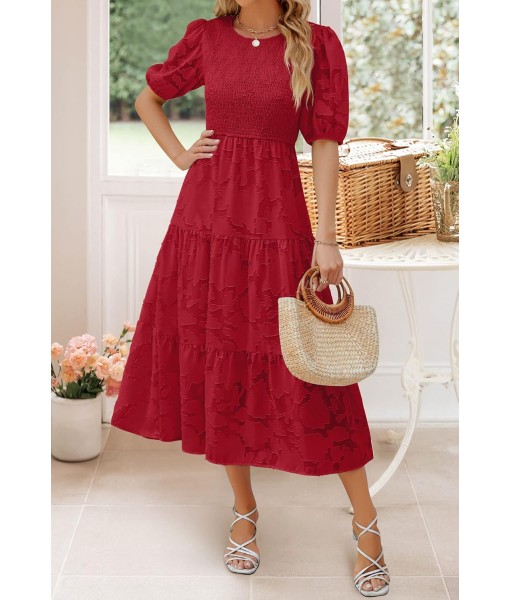 ZESICA Women's 2025 Summer Short Puff Sleeve Crewneck Smocked Floral Lace Flowy A Line Tiered Maxi Dresses