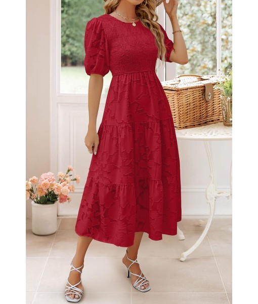 ZESICA Women's 2025 Summer Short Puff Sleeve Crewneck Smocked Floral Lace Flowy A Line Tiered Maxi Dresses