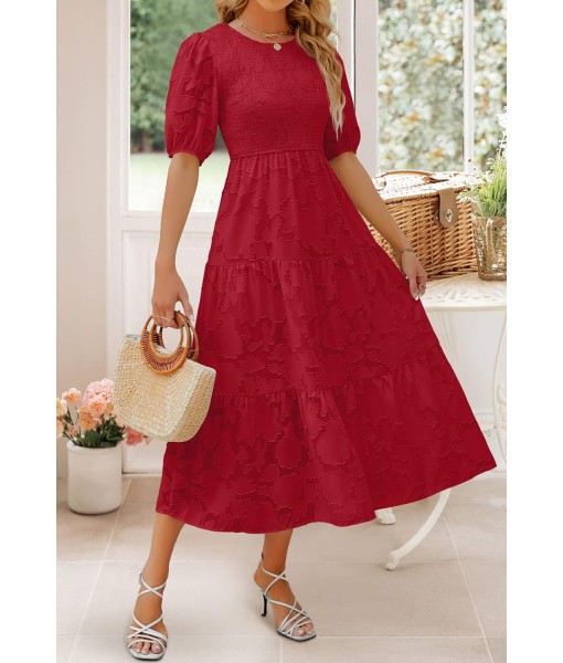 ZESICA Women's 2025 Summer Short Puff Sleeve Crewneck Smocked Floral Lace Flowy A Line Tiered Maxi Dresses