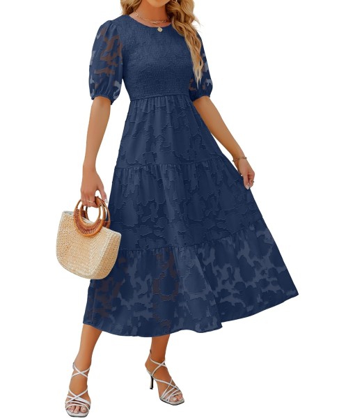 ZESICA Women's 2025 Summer Short Puff Sleeve Crewneck Smocked Floral Lace Flowy A Line Tiered Maxi Dresses