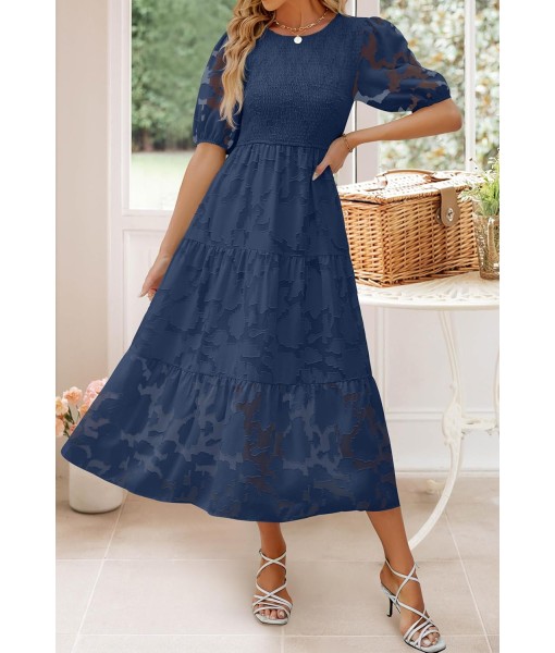 ZESICA Women's 2025 Summer Short Puff Sleeve Crewneck Smocked Floral Lace Flowy A Line Tiered Maxi Dresses