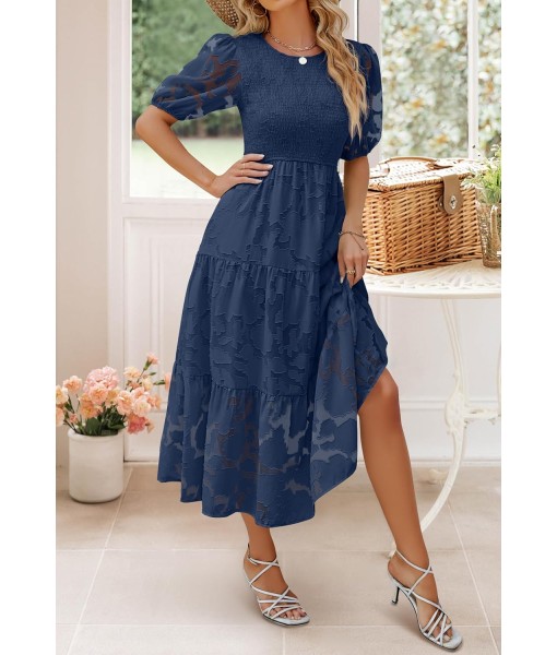 ZESICA Women's 2025 Summer Short Puff Sleeve Crewneck Smocked Floral Lace Flowy A Line Tiered Maxi Dresses