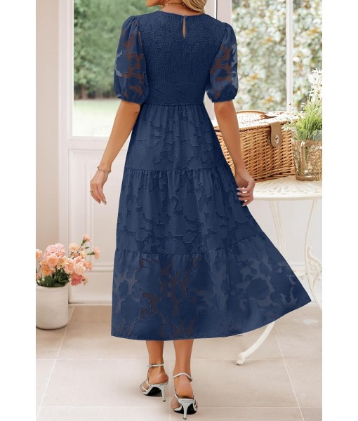 ZESICA Women's 2025 Summer Short Puff Sleeve Crewneck Smocked Floral Lace Flowy A Line Tiered Maxi Dresses
