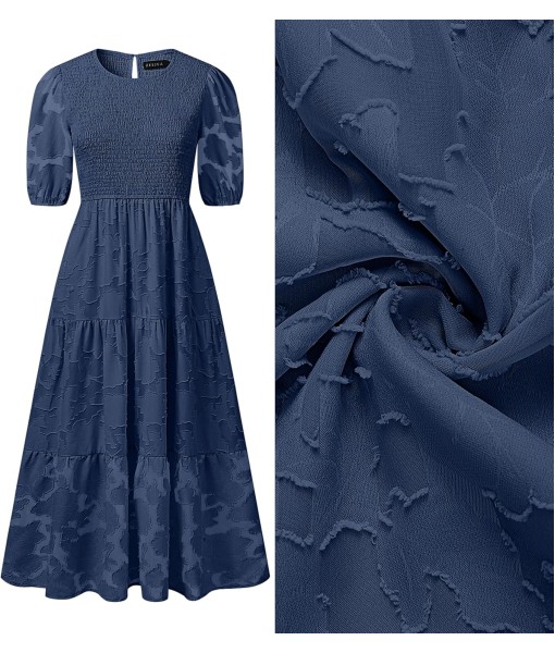 ZESICA Women's 2025 Summer Short Puff Sleeve Crewneck Smocked Floral Lace Flowy A Line Tiered Maxi Dresses