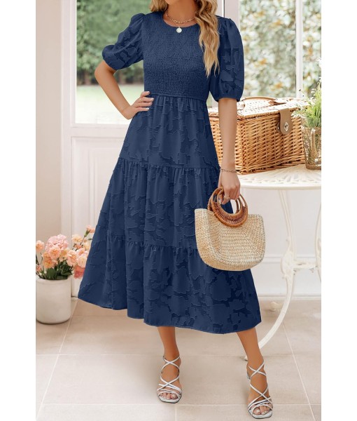ZESICA Women's 2025 Summer Short Puff Sleeve Crewneck Smocked Floral Lace Flowy A Line Tiered Maxi Dresses